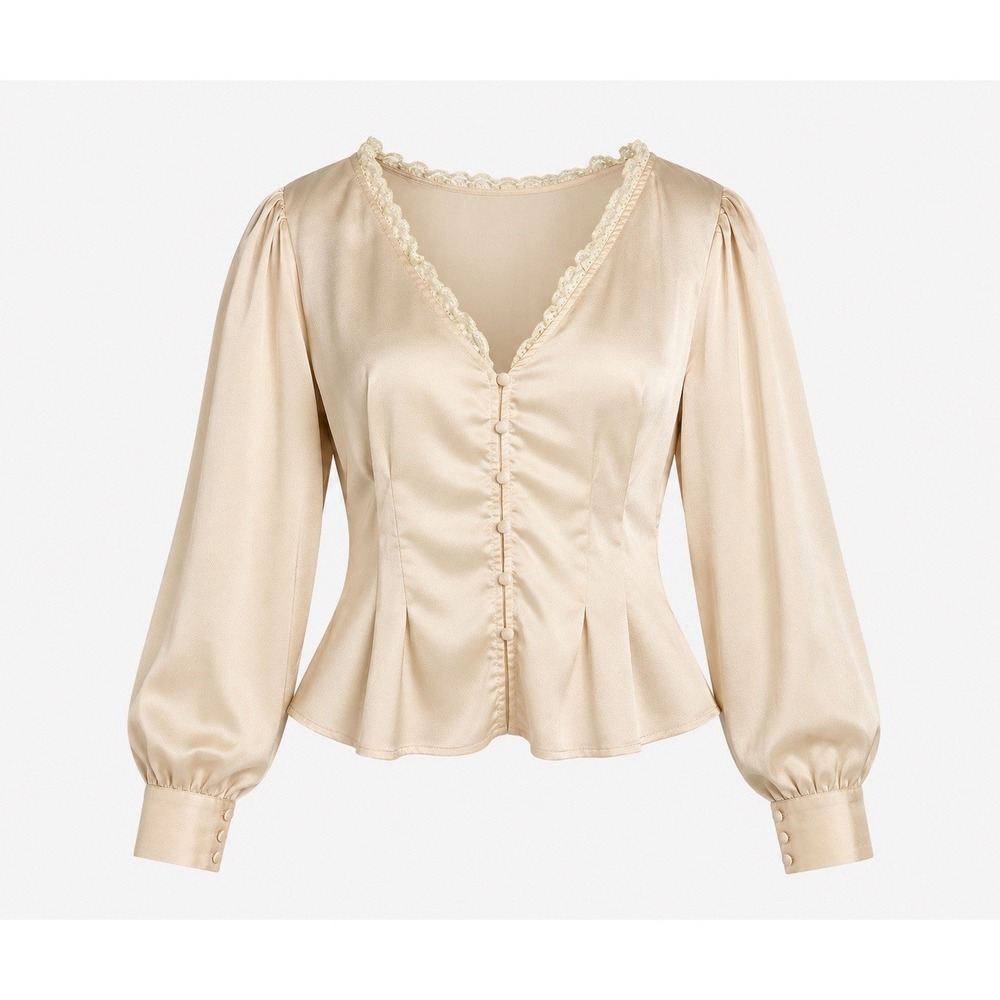 Forever 21+ Satin Lace Trim Peplum Top 2X Cream‎ Fairy Puff Sleeve Romantic
